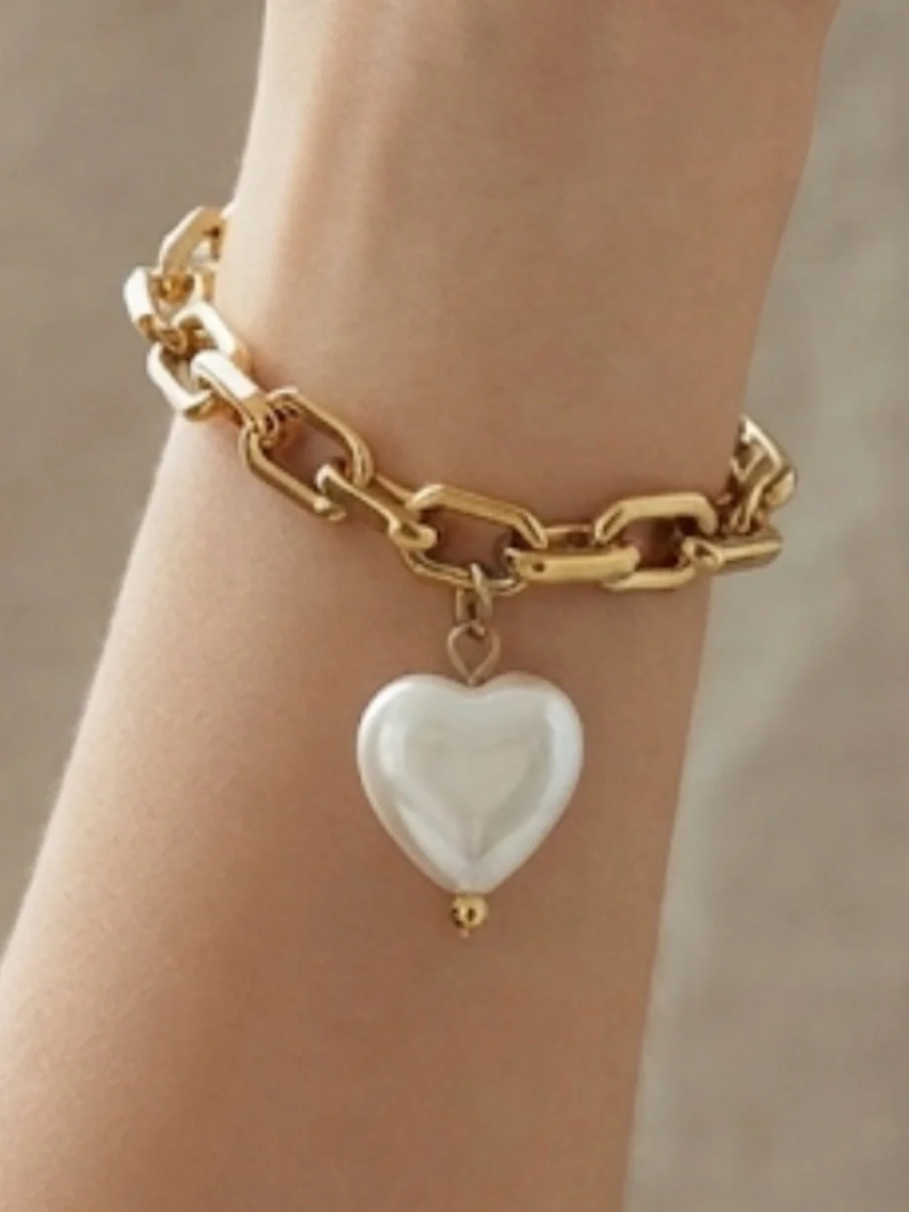 Gold Chain Bracelet with White Heart Charm - Women Jewelry
